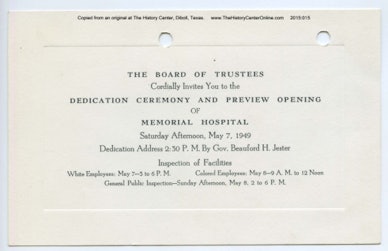 10 Memorial Hospital Dedication Ceremony Invitation, 1949
