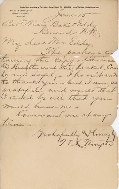 08_Letter from T.L.L. Temple to Mary Baker Eddy, June 15, 1906