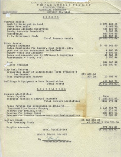 01 1945 Temple Lumber Company Financial Statement