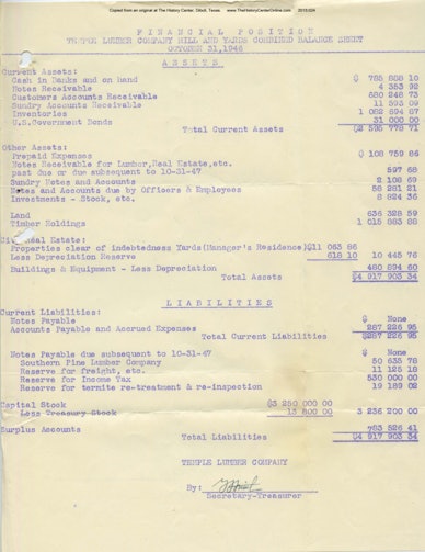 02 1946 Temple Lumber Company Financial Statement