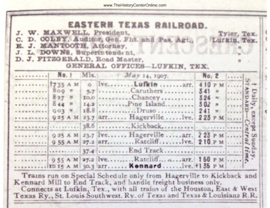 Eastern Texas Railroad Public Time Table May 1907
