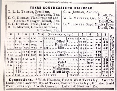 Texas Southeastern Railroad Public Time Table 1916