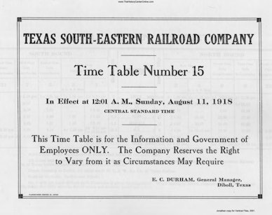 Texas South-Eastern Railroad Time Table 15 (August 11, 1918)