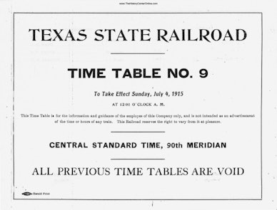 Texas State Railroad Time Table 9, July 4, 1915