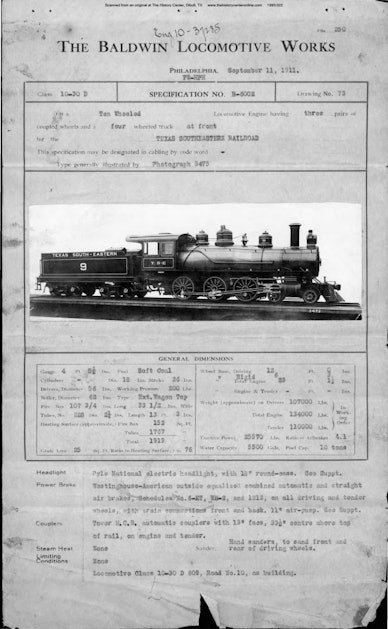 Locomotive 10 Builder Specifications, 1911
