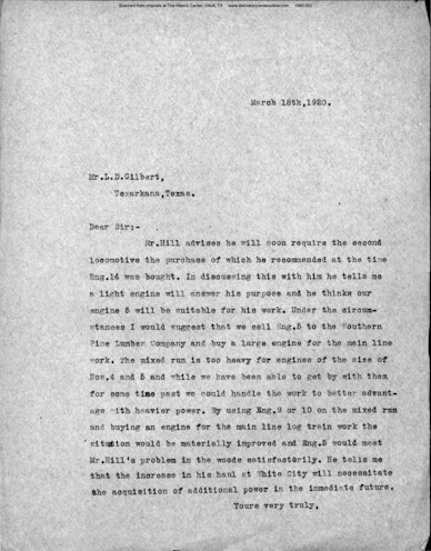 Correspondence on the Purchase of Engine 13, 1920