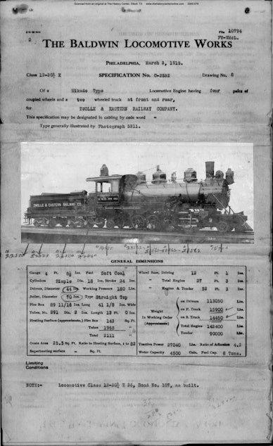 Locomotive 17 Builder Specifications, 1915