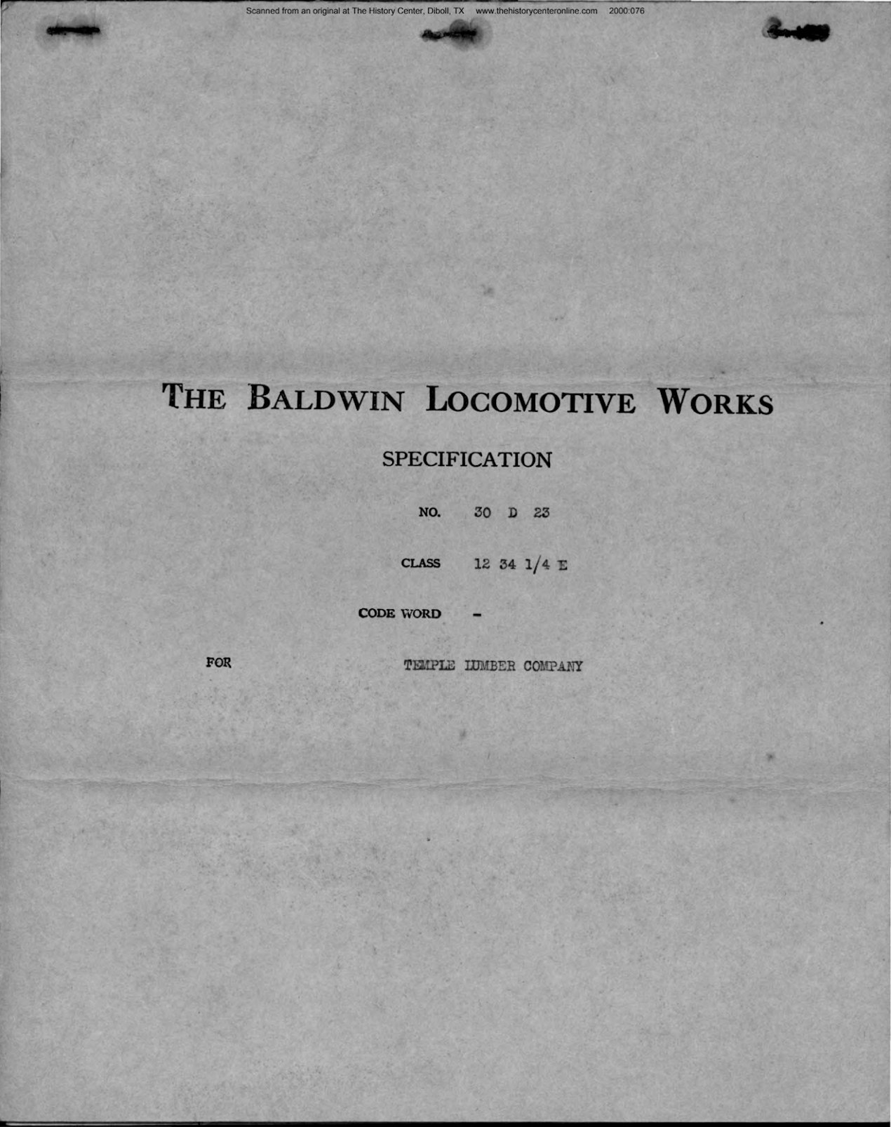 Locomotive 20 Builder Specifications, 1930